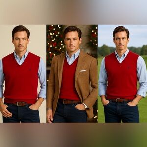 POLO by Ralph Lauren Red Pima Cotton Sweater Vest V-Neck Knit Pullover - Large